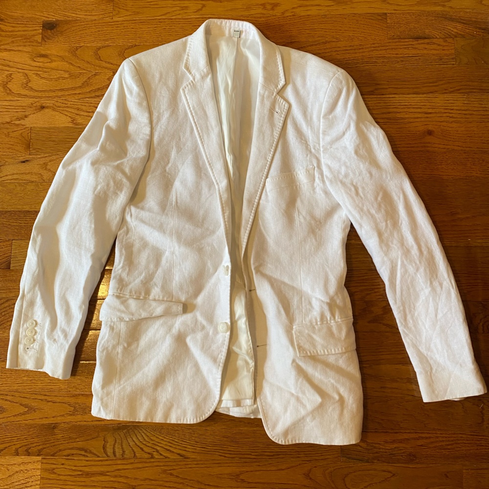 Unisex mid-length white linen blazer
